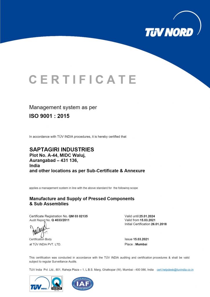 ISO 9001:2015 Saptagiri Industries